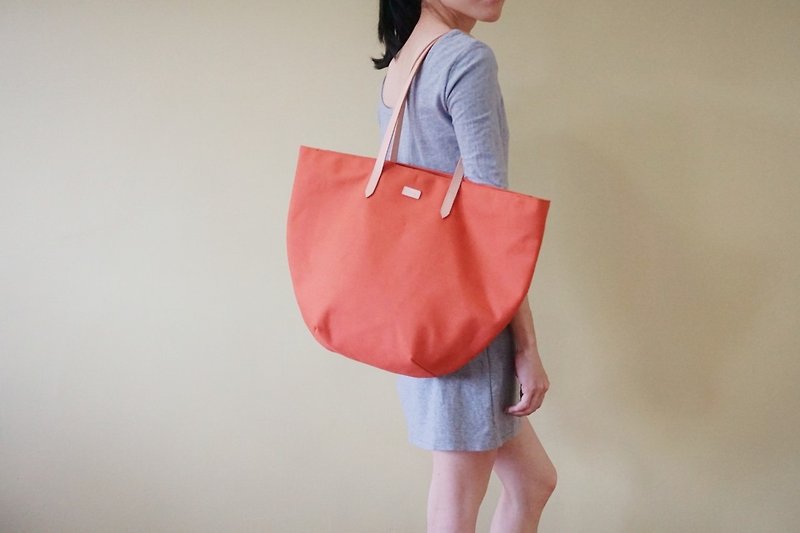 Terracotta Beach Tote Bag with Leather Strap - Casual Weekend Tote - Handbags & Totes - Cotton & Hemp Orange