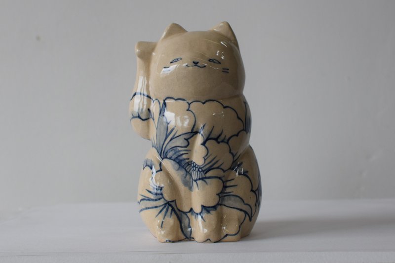 Maneki-neko　Lucky Cat　peony - ของวางตกแต่ง - ดินเผา 