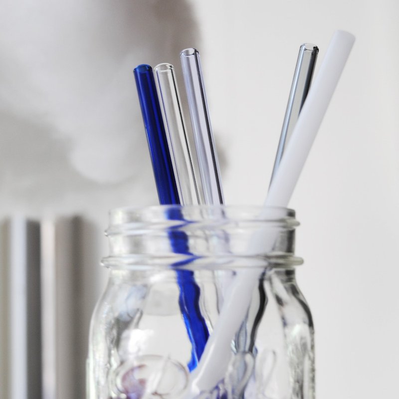 20cm (caliber 0.8cm) flat rainbow heat-resistant glass straw (with cleaning brush) - Reusable Straws - Glass Blue