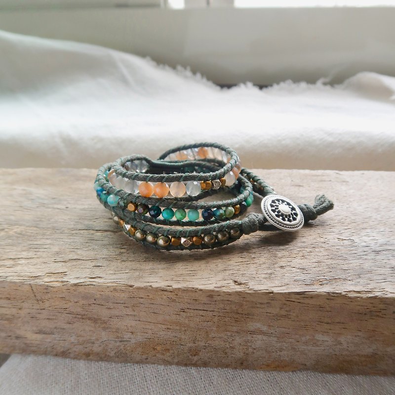 Natural stone woven bracelet. Summer Green River. Turquoise, orange moonstone - Bracelets - Gemstone Orange
