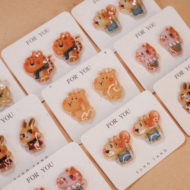 Cute things so many X illustration animal earrings | original cartoon | Clip-On ear pin - ต่างหู - เรซิน 