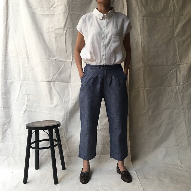 Blue Chambray Cotton-Linen Peg Pants - กางเกงขายาว - ผ้าฝ้าย/ผ้าลินิน สีน้ำเงิน