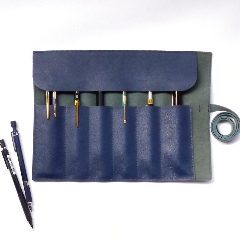 Roll of blue leather pen. Free branding. - Pencil Cases - Genuine Leather Blue