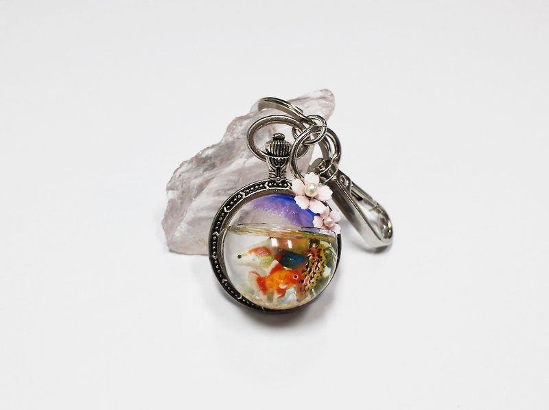 Small fish charm time mini fish tank pocket watch key ring - Keychains - Other Metals 