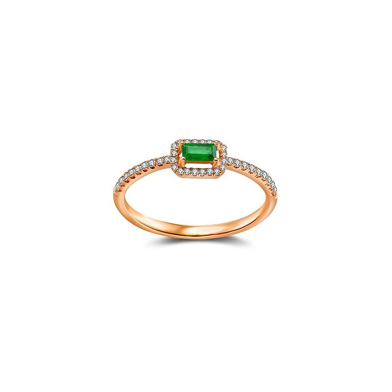 Rectangle Shape Emerald Ring Surrounded by Diamond - General Rings - Gemstone Green