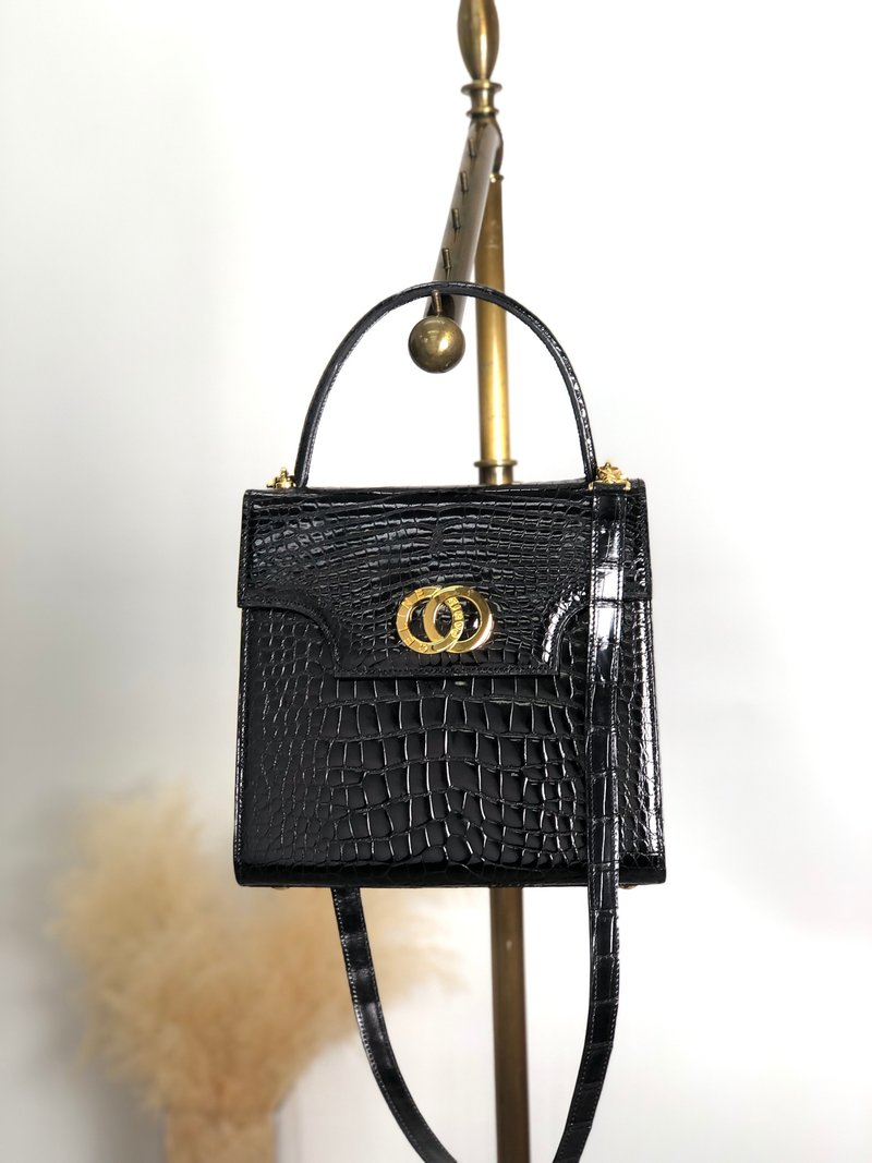 【 日本直送　名牌中古包 】CELINE セリーヌ ショルダーバッグ ブラック ダブルサークルロゴ クロコ型押し 2way トップハンドル bwjy43 - 側背包/斜背包 - 真皮 黑色