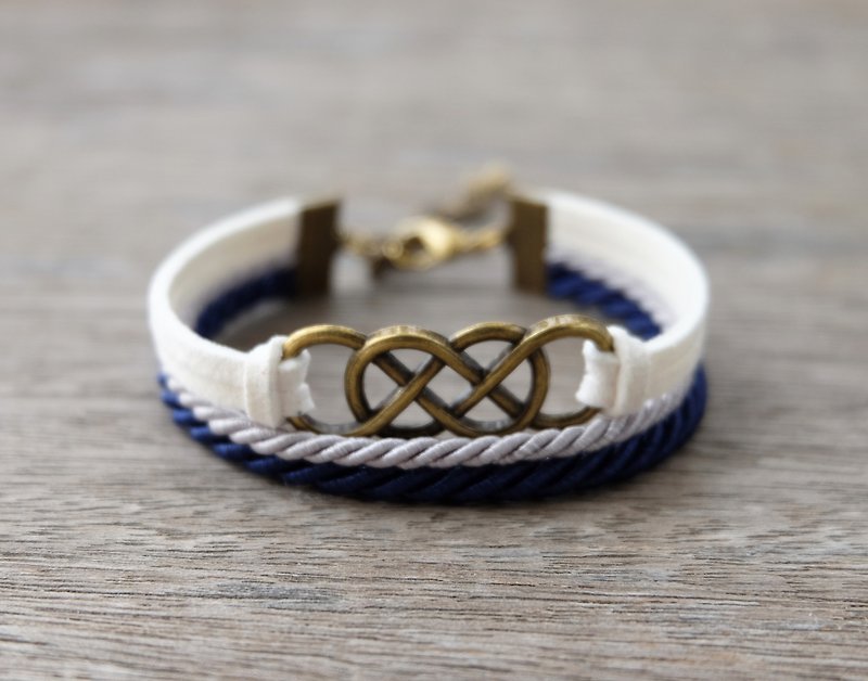 Brass double-infinity in white gray and navy blue - 手鍊/手鐲 - 其他材質 藍色