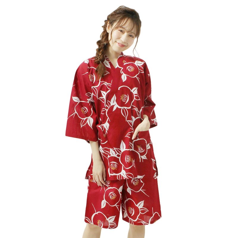 日本 和服 女用 甚平 休閒服 睡衣 成套組 綿 07 - 睡衣/居家服 - 棉．麻 紅色