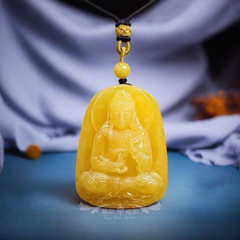 騰彪琥珀 天然琥珀蜜蠟 雞油黃蜜蠟 觀音賜福 大師典藏雕刻 項鍊 - 項鍊 - 半寶石 橘色