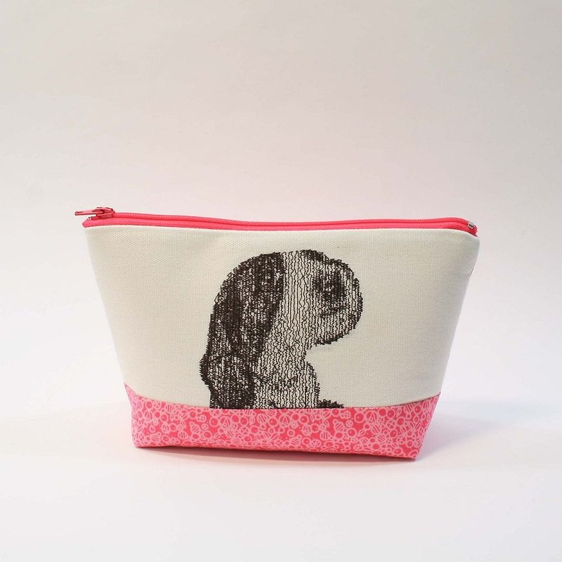 Cosmetic 09- embroidery dog - กระเป๋าเครื่องสำอาง - ผ้าฝ้าย/ผ้าลินิน สีแดง