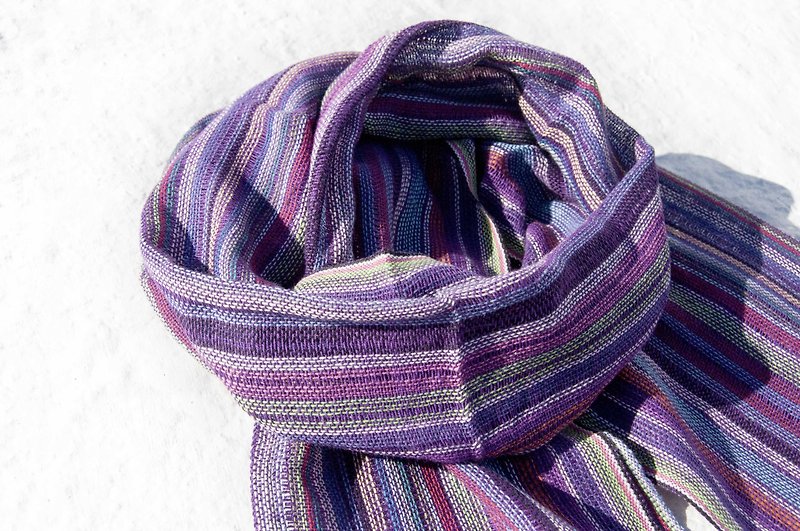 Hand-woven pure silk scarves, hand-woven fabric scarves, hand-woven scarves, cotton and linen scarves - rainbow purple stripes - ผ้าพันคอ - ผ้าฝ้าย/ผ้าลินิน หลากหลายสี
