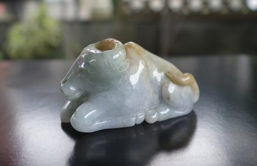 山奇藝術 天然A貨三彩翡翠牛 擺件 三彩 福祿壽 春帶彩 緬甸A貨翡翠 圓雕