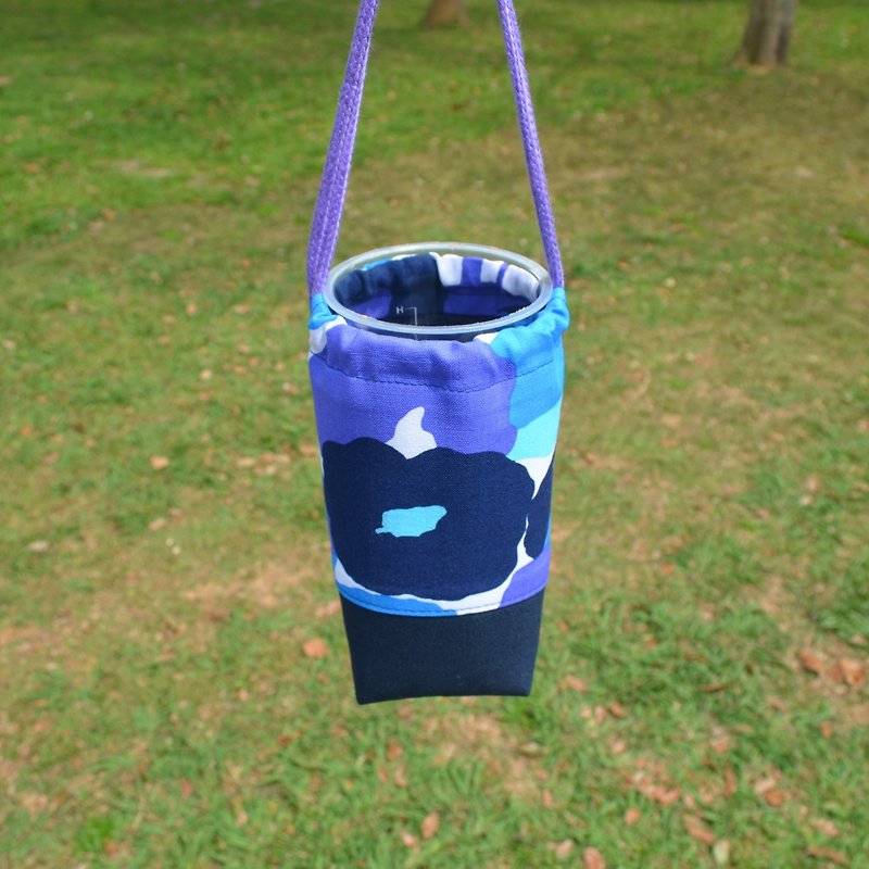 時尚花朵束口環保杯袋 飲料提袋 保溫瓶提袋 手作 帆布 方便 - 杯袋/飲料提袋 - 棉．麻 藍色