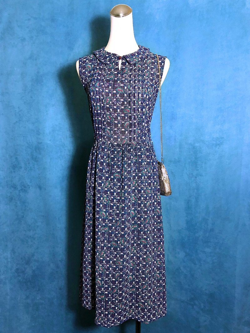 Small round neck totem sleeveless vintage dress / brought back to VINTAGE abroad - ชุดเดรส - เส้นใยสังเคราะห์ สีน้ำเงิน