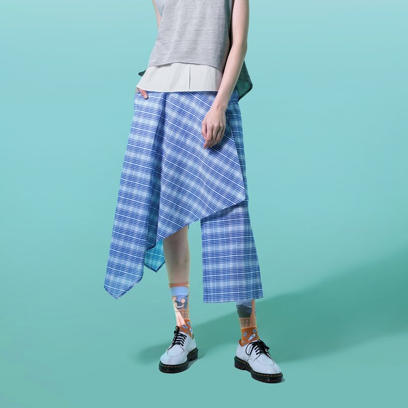 細格紋不對稱褲裙 - 女長褲 - 棉．麻 藍色