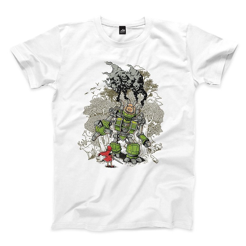 Brave Hat and Wolf Fight-White-Unisex T-shirt - เสื้อยืดผู้ชาย - ผ้าฝ้าย/ผ้าลินิน ขาว