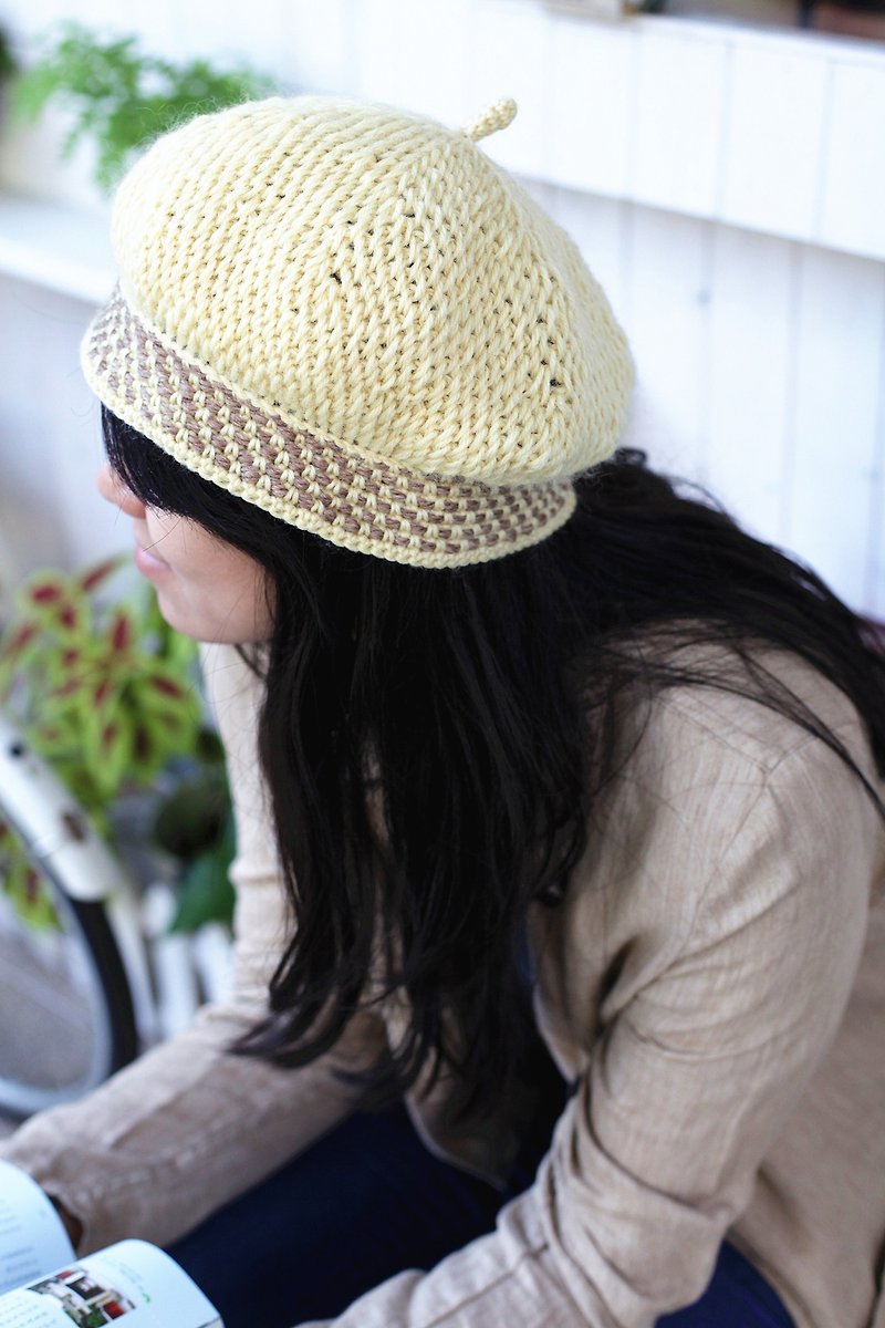 [French] Good day hand-made knit beret cap (spring light yellow) - Hats & Caps - Other Materials 