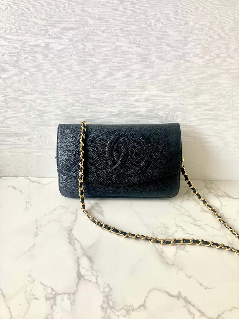 【LA LUNE】中古Chanel黑色魚子醬皮革金WOC長銀包手袋側斜揹孭背 - 側背包/斜背包 - 真皮 黑色