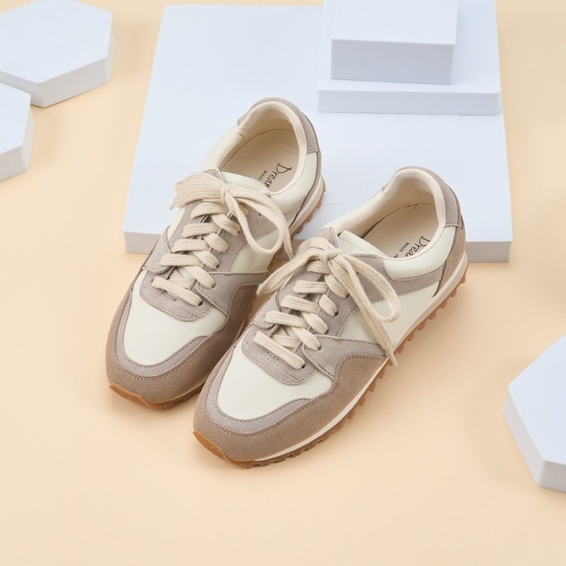 Suede_Low-top retro splicing strap casual shoes apricot color - Women's Casual Shoes - Genuine Leather Khaki