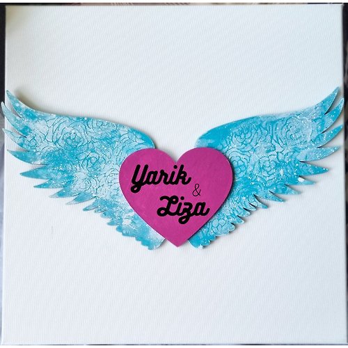 Julia Velyka Art Personalised Sign Angel Wings with Heart Wooden Sign Hand Pained Wedding Gift