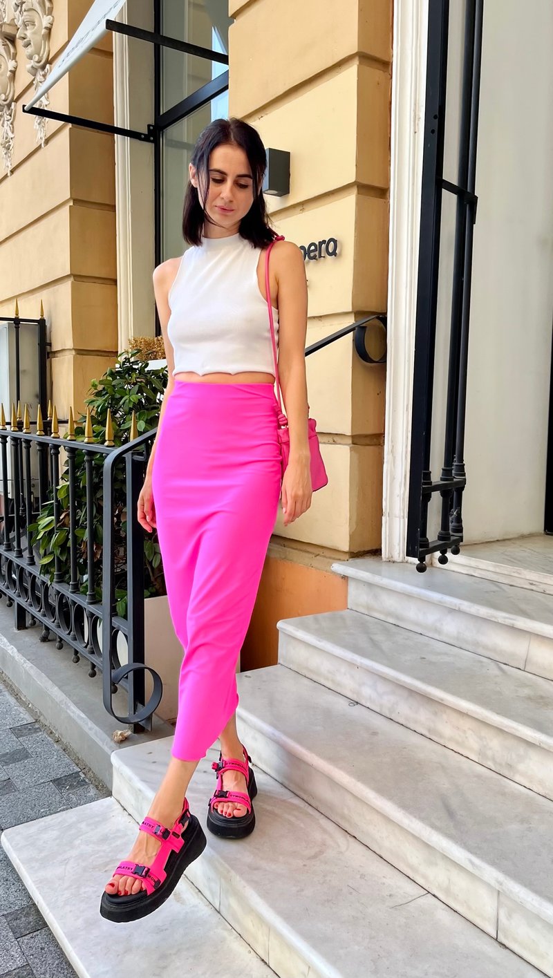 Hot Pink Maxi Skirt/ Stretch Pencil Skirt /  MIDI Fitted Skirt/ Mid-calf Skirt - 裙子/長裙 - 其他材質 粉紅色