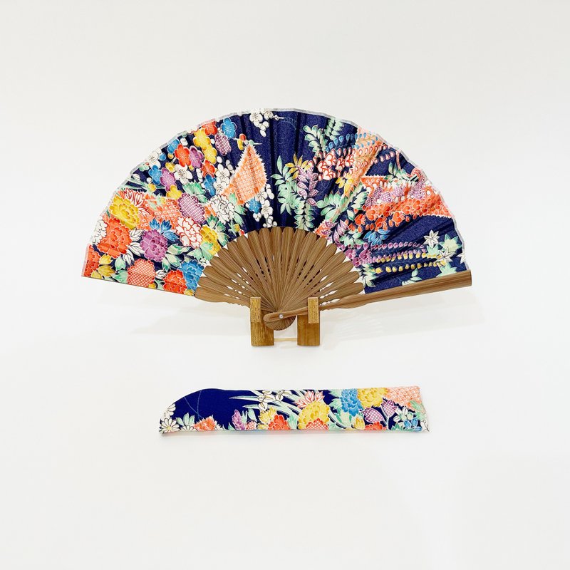 Kimono Fan (Sensu) created by upcycling Japanese Vintage Silk Kimono. #58 - พัด - ผ้าไหม สีน้ำเงิน