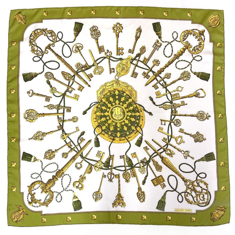 Hermes Scarf Carre 90 Large Scarf Square LES CLES Key 100% Silk Khaki - ผ้าพันคอ - ผ้าไหม สีกากี