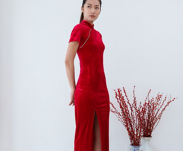 ワスレナグサベルベット半袖変形チャイナドレス（赤） | 夕方 | 夕方