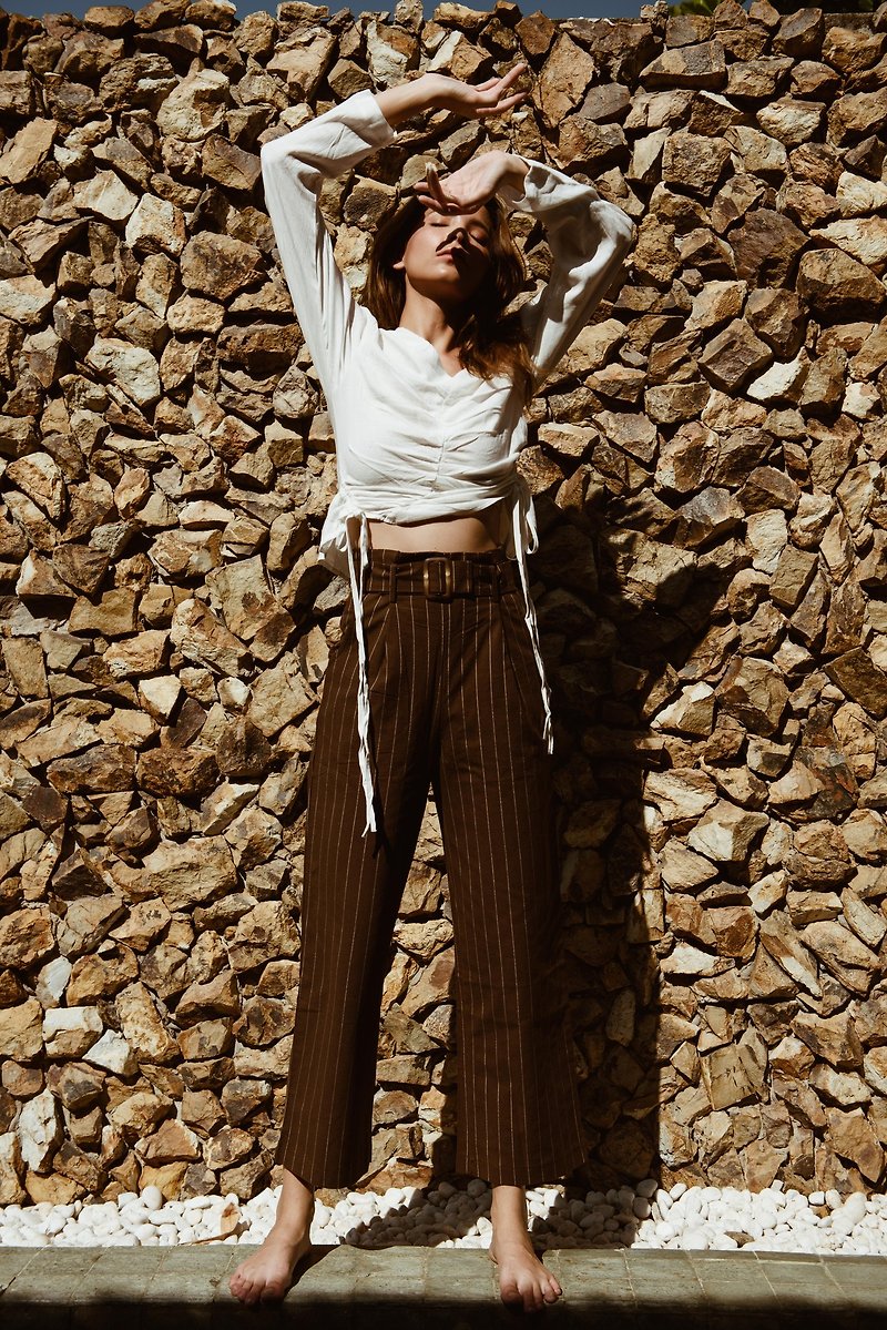 PATRICIA TROUSER / Stripe Brown - กางเกงขายาว - ผ้าฝ้าย/ผ้าลินิน สีนำ้ตาล