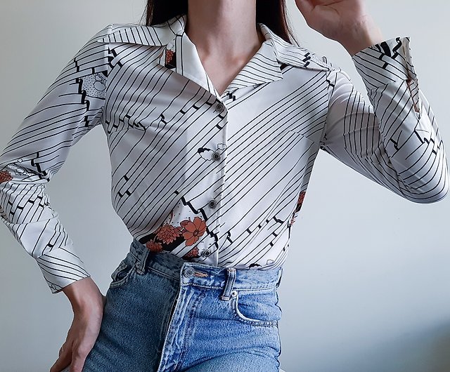 Vintage 60s 70s Disco Novelty Shirt Dagger collar Mod Striped shirt Size Xs  S - Shop ISSARA ART GALLERY Women's Shirts - Pinkoi