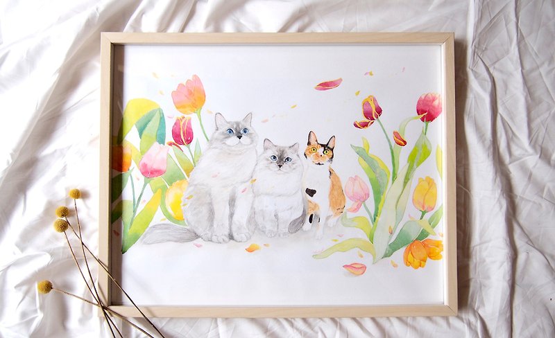 客製化 寵物 花卉 手繪 水彩 插畫 - 大尺寸 全身含框 - 似顏繪/人像畫 - 紙 多色