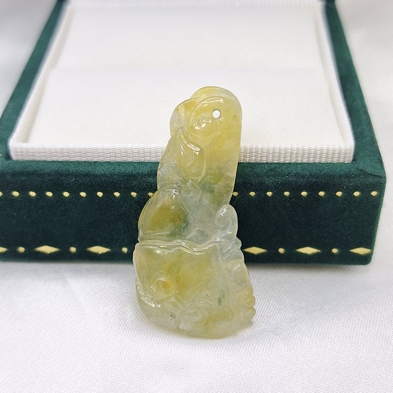 冰起膠 黃翡 飄花 如意蝙蝠 吊墜 | 天然緬甸玉A貨翡翠 - 項鍊 - 玉石 