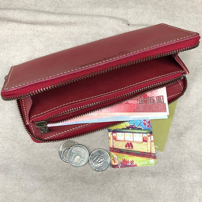 Zippered Long Clip/Wallet Color: Burgundy Vegetable Tanned Cow Leather - Wallets - Genuine Leather Red