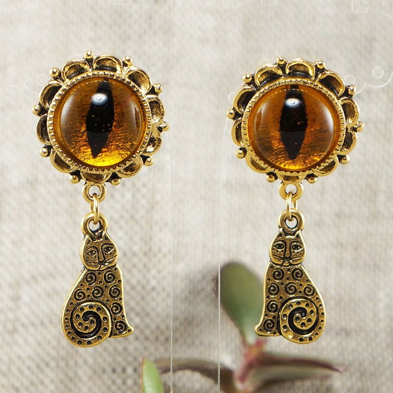 Yellow Orange Glass Cat Eye Evil Eye Kitten Gold Protection Earrings Jewelry - 耳環/耳夾/耳骨夾 - 玻璃 黃色