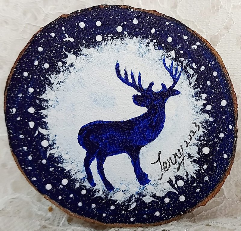 【鹿】系列 壓克力畫 桌上小物 療癒小品 木片 畫作 掛畫 裝飾品 - 擺飾/家飾品 - 木頭 藍色