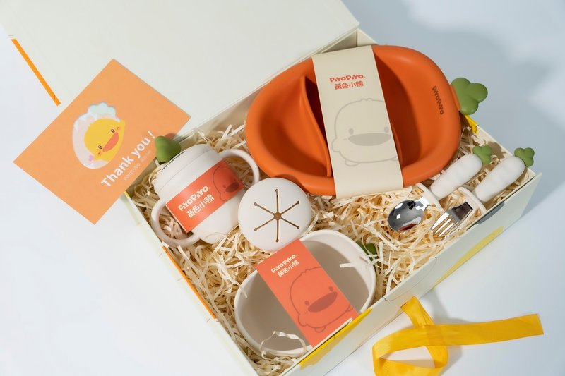 PiyoPiyo yellow duck platinum Silicone good luck head red and white radish tableware set (gift box hardcover version) - อื่นๆ - ซิลิคอน สีส้ม