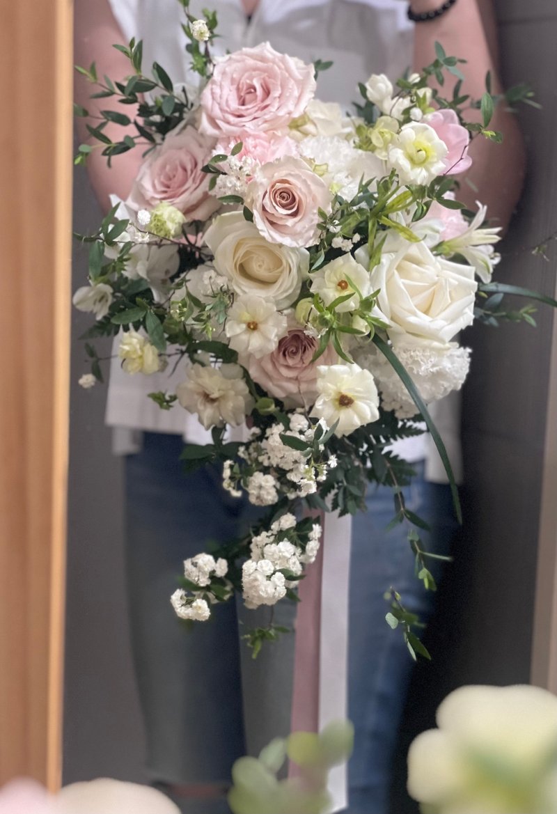 Light pink rose waterfall bouquet including a corsage of the same color - Corsages - Plants & Flowers Pink