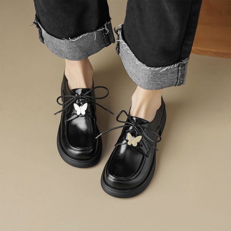 Bow tie lace-up shoes thick heel deep mouth small leather shoes - Women's Leather Shoes - Genuine Leather Black