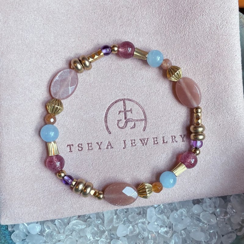 Wedding Gift∣ Moonstone Stone Strawberry Crystal Sea Sapphire Bracelet - Bracelets - Semi-Precious Stones Pink