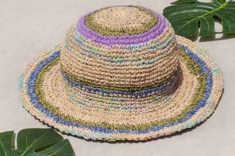 Hand-woven cotton Linen hat knit cap hat sun hat straw hat - French taro blueberry macaroons - Hats & Caps - Cotton & Hemp Multicolor