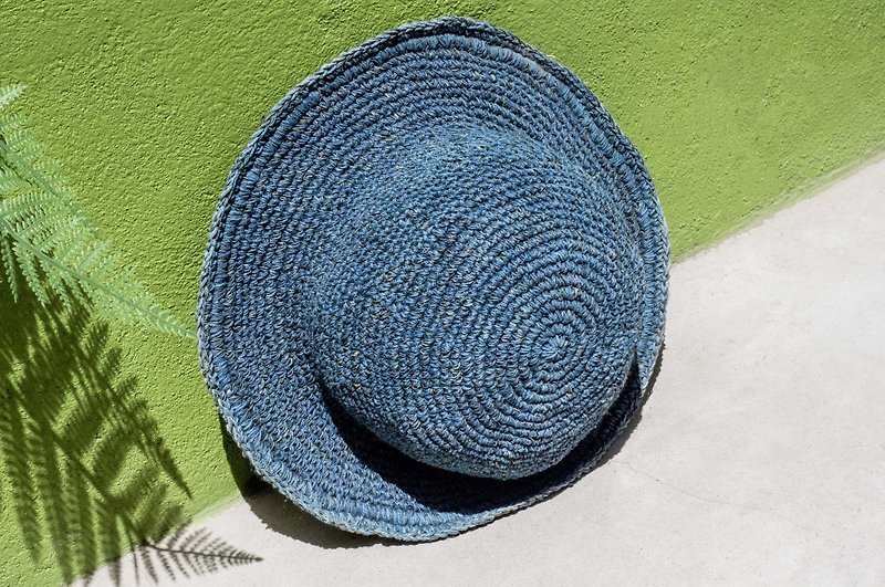 Handmade crocheted cotton and linen hat, knitted hat, fisherman hat, straw hat, straw hat-original summer blue dye - Hats & Caps - Cotton & Hemp Blue