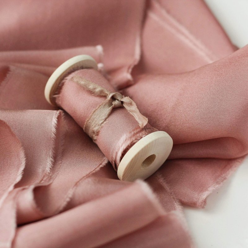Copper Rose Silk Ribbon / Hand Dyed Silk Ribbon on Wooden Spool - 包裝材料/包裝紙 - 絲．絹 粉紅色