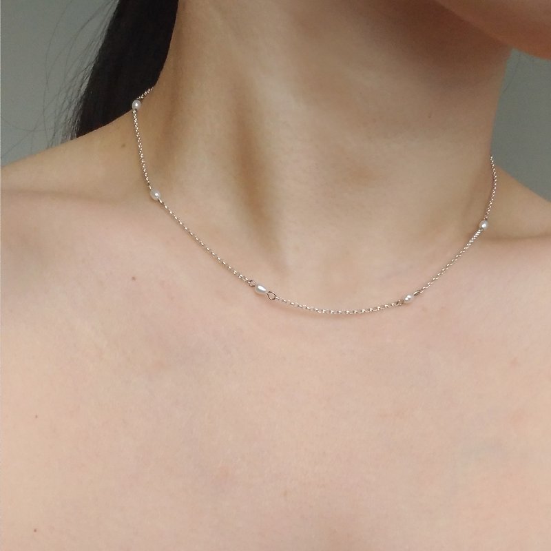 Sn010-Star River-Pearl Sterling Silver Clavicle Necklace - Necklaces - Gemstone White