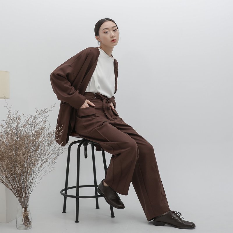 Hueigu_回顧褶片寬褲_22AF202_咖啡 - 女長褲 - 聚酯纖維 咖啡色