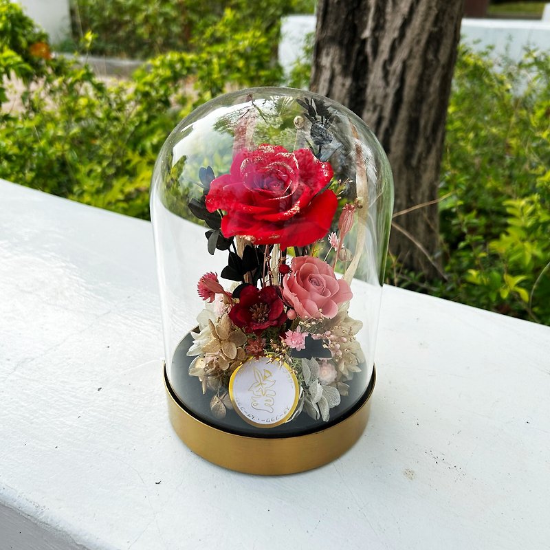 永生金屬玻璃花盅 永生玻璃盅 永生玫瑰 鑲金永生玫瑰 - 乾燥花/永生花 - 植物．花 紅色