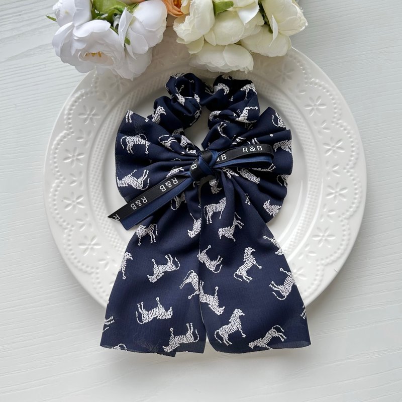 Chiffon Romantic Long Tail Bow Hair Circle Scrunchie Hair Accessory - Navy Blue Base - Hair Accessories - Other Materials Blue