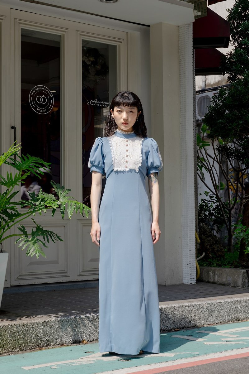 Niao Niao Department Store-Vintage light blue white lace high neck puffy sleeves American dress - ชุดเดรส - เส้นใยสังเคราะห์ 