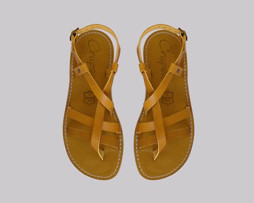 Crupon 黃色繫帶涼鞋、休閒涼鞋、女士羅馬涼鞋、希臘涼鞋、皮革涼鞋