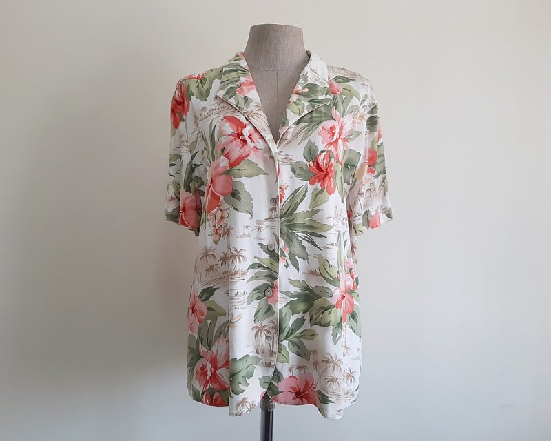Large Vintage ALFRED DUNNER Green Pink Hawaiian Shirt Womens Hibiscus Print Top - 女上衣/長袖上衣 - 聚酯纖維 白色