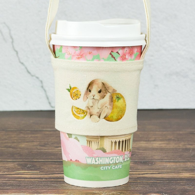 Rabbit rabbit orange drink cup bag, bag, green cup set, drink cup set - Beverage Holders & Bags - Cotton & Hemp White